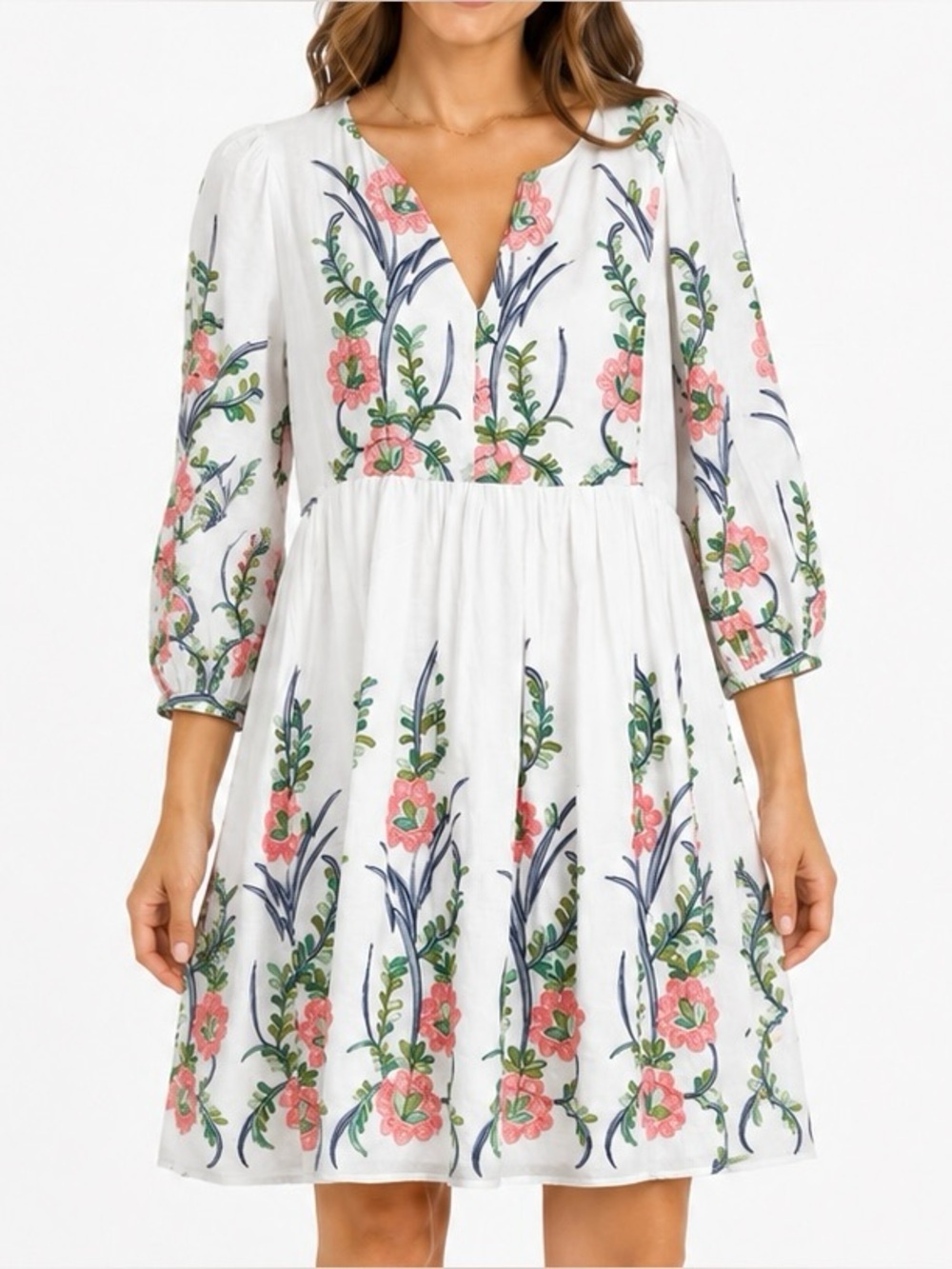 Les Souers Embroidered Floral Babydoll Dress